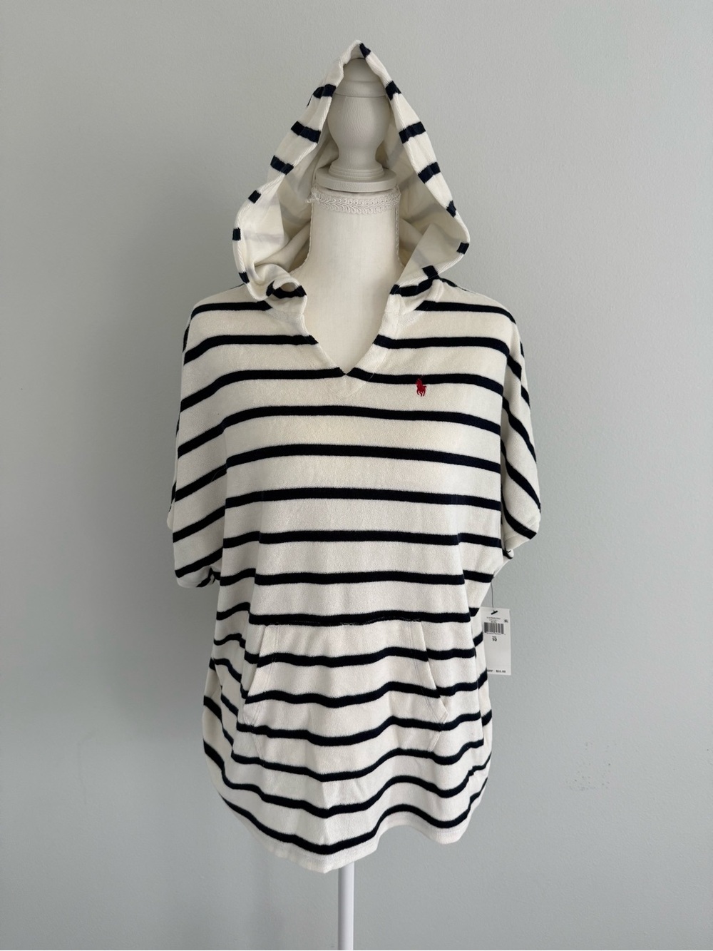 Polo Ralph Lauren Girls Hooded Pullover Swim Coverup- White & Dark Blue